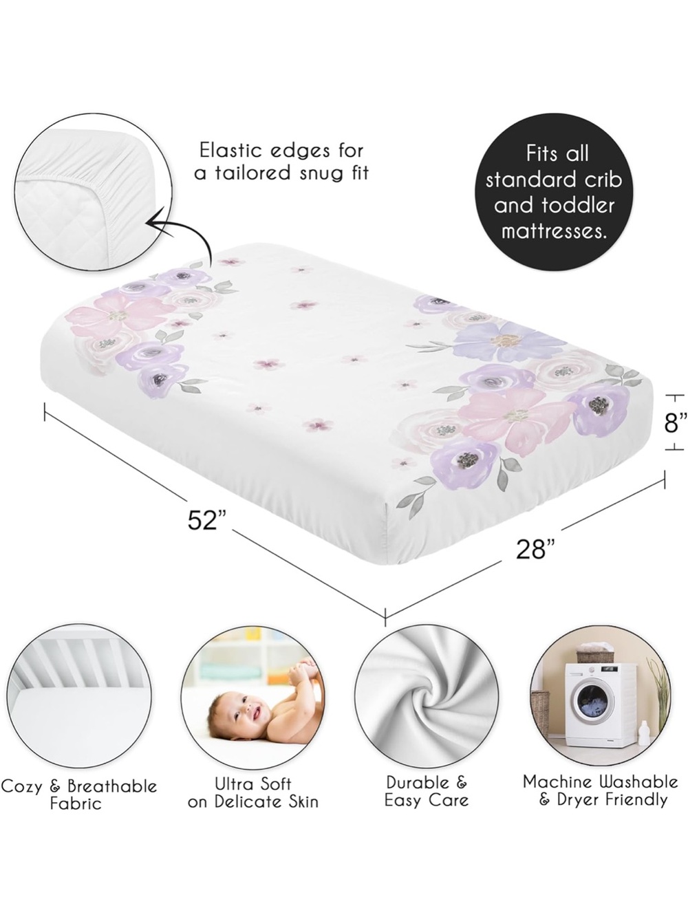 Bundle Sweet Jojo Designs Floral Pink/Lavender Crib Sheets, Curtains, Pad Cover
